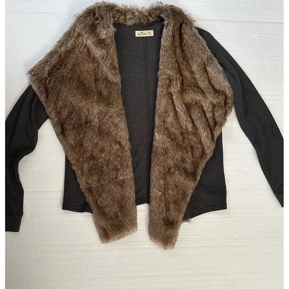 Hollister Top Women M/L Faux Fur Lined Long Sleeve Open Front Sweater Gray - Picture 1 of 5
